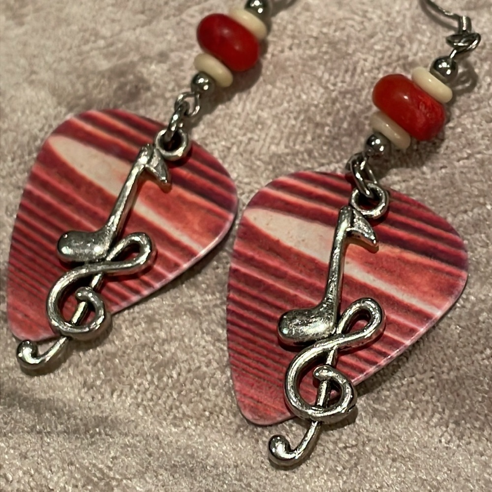 Guitar Pic Earrings Red & White Striped Music Note Earrings